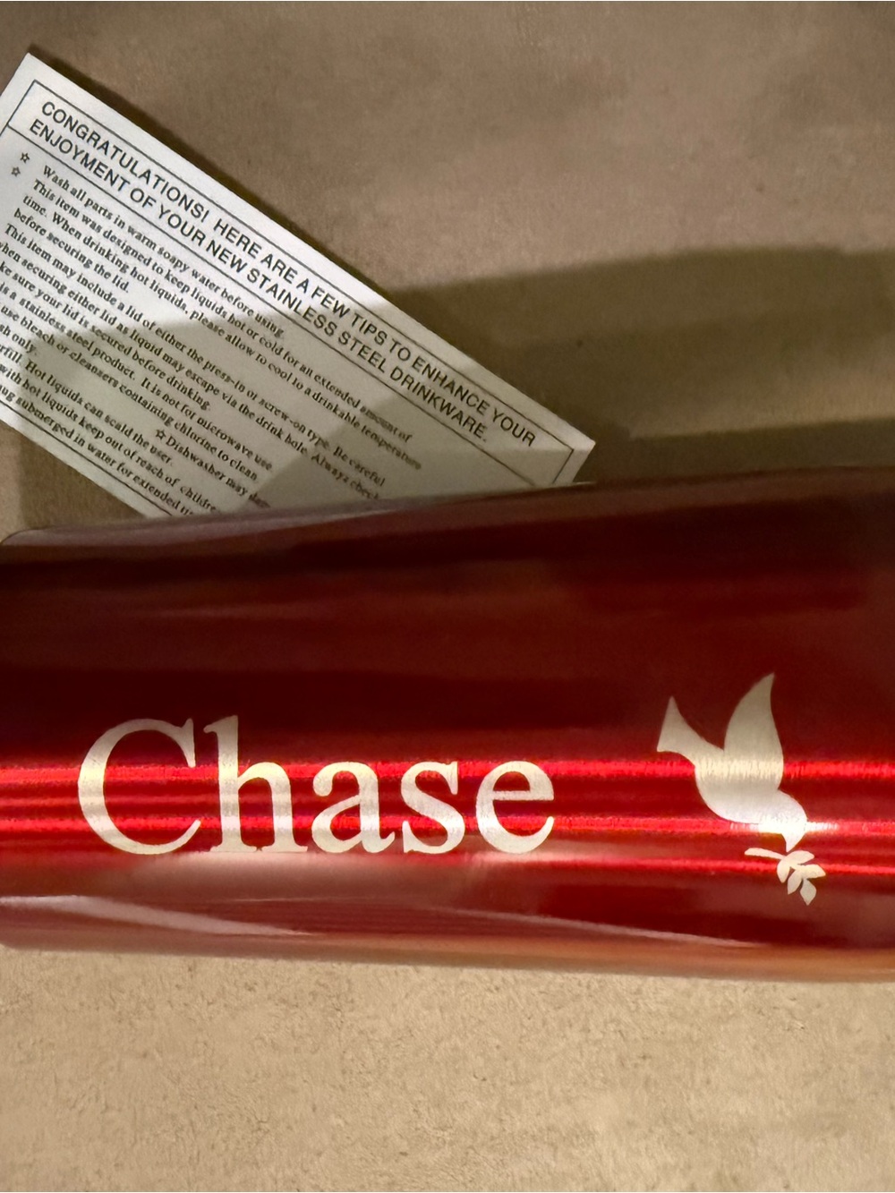 Stainless Steel Tumbler with name Chase and dove